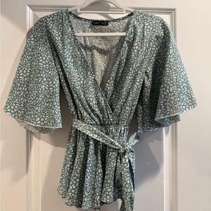 SHEIN Sage Green Floral-Spot Wrap Blouse